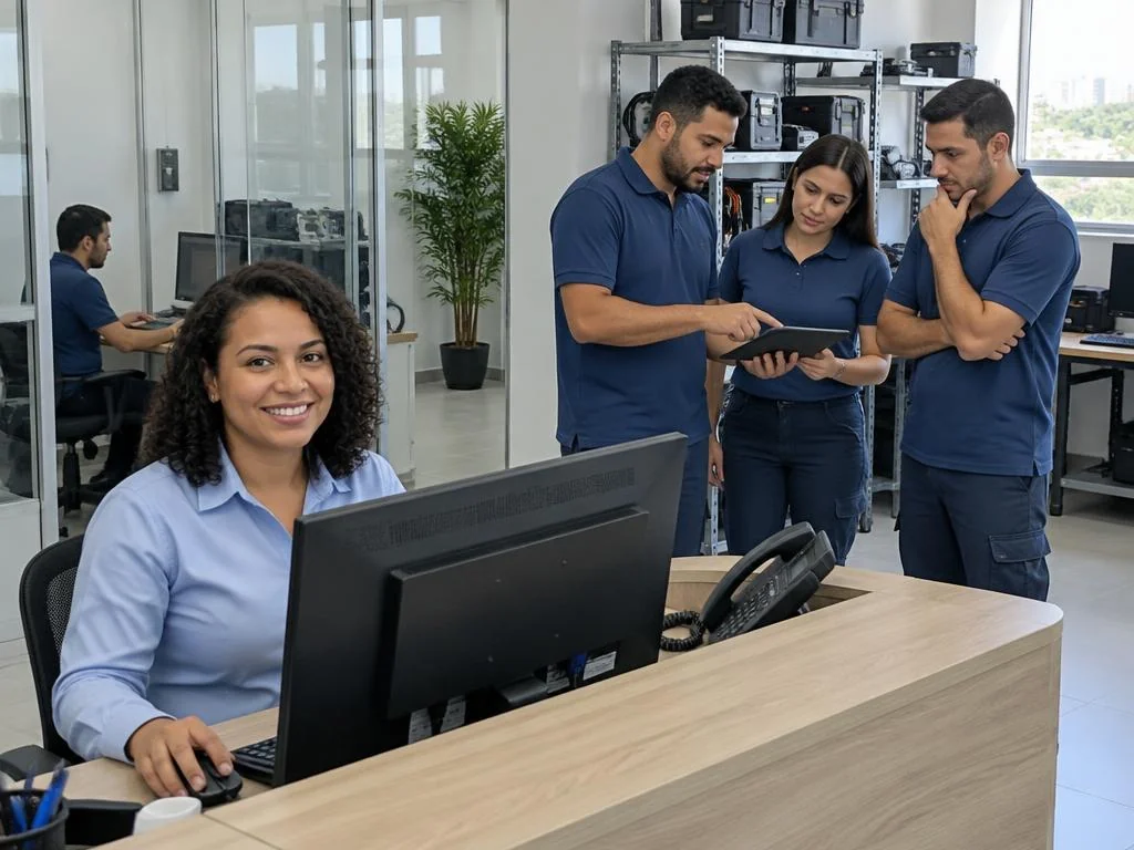 Imagem ilustrativa de equipe técnica e atendente em um escritório
